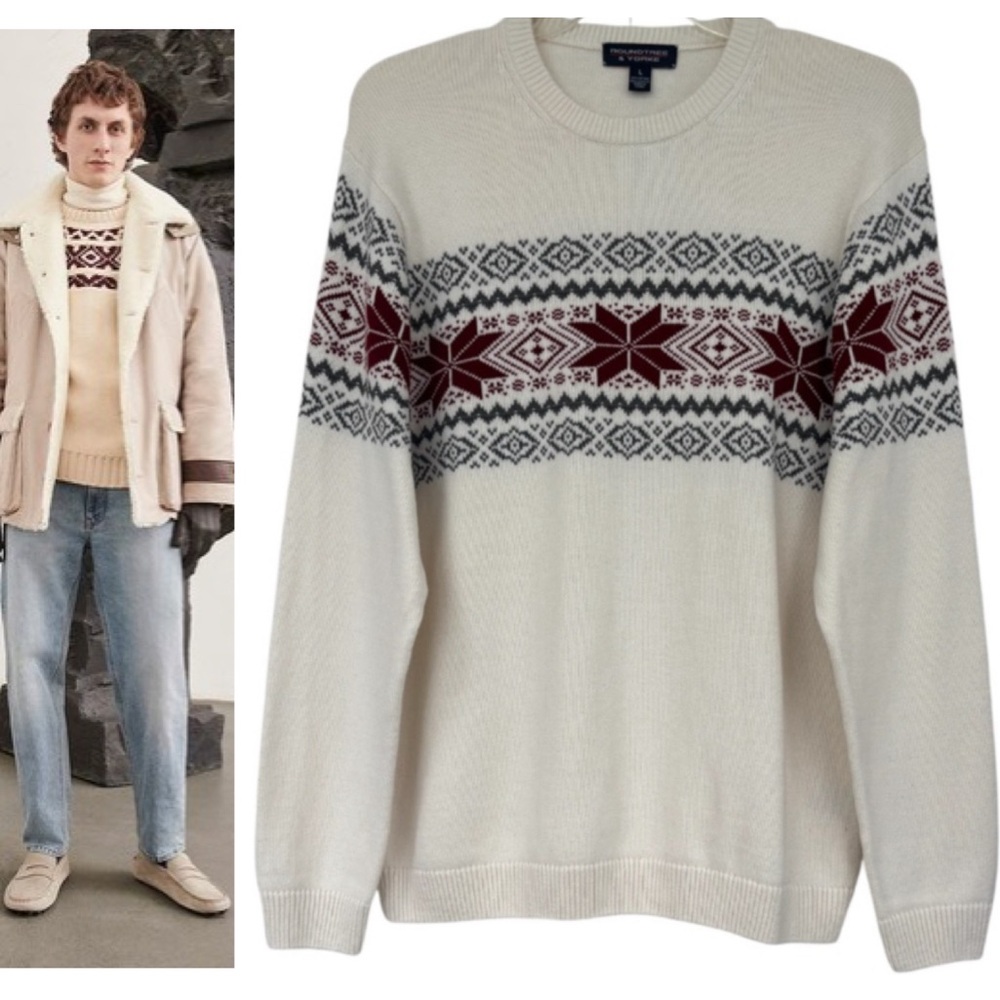 Fair Isle Sweater Holiday Luxury Knit Snowflake Vintage Cream Red Gray Size L